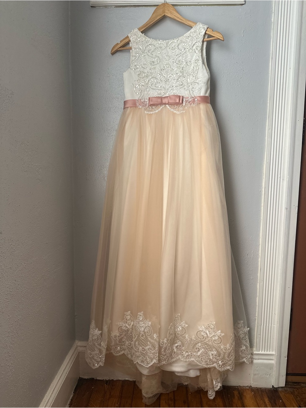 Ivory and Blush Tulle Lace Flower Girl Dress with Satin Bow